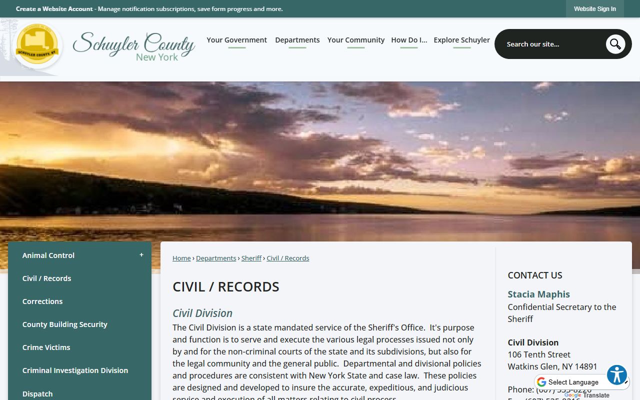 Schuyler County booking photo records request contact information