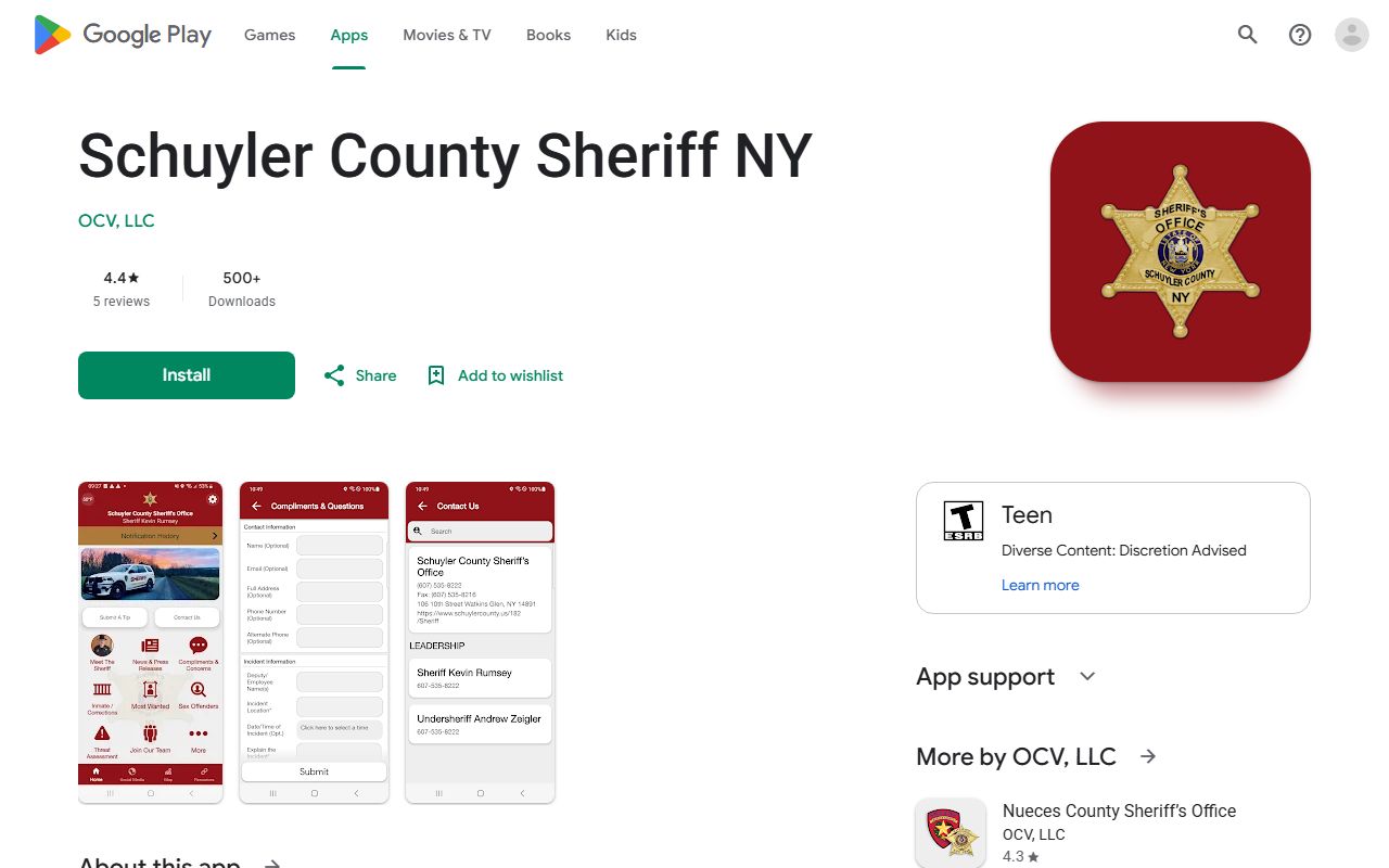 Schuyler County inmate search app listing with Inmate Information feature